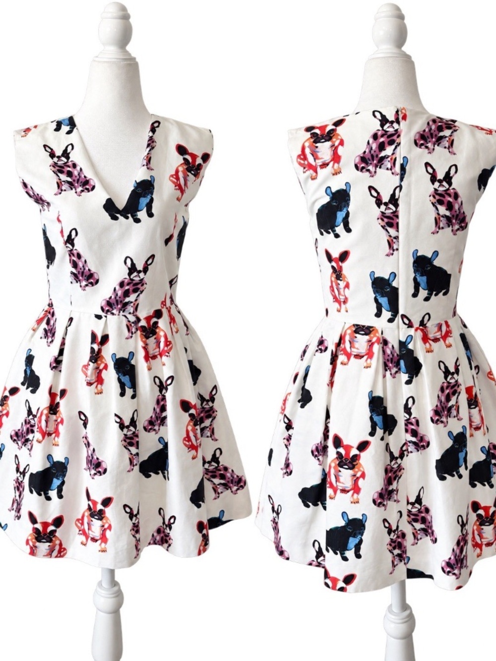 Essentiel Antwerp Size 38 /US 6 Krishna French Bulldog Print Fit Flare Dress NWT